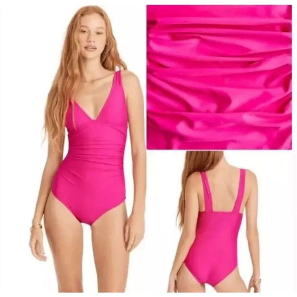 J. Crew Ruched V-neck One Piece Swimsuit Size 4 Radiant Fuchsia NEW - Picture 2 of 7